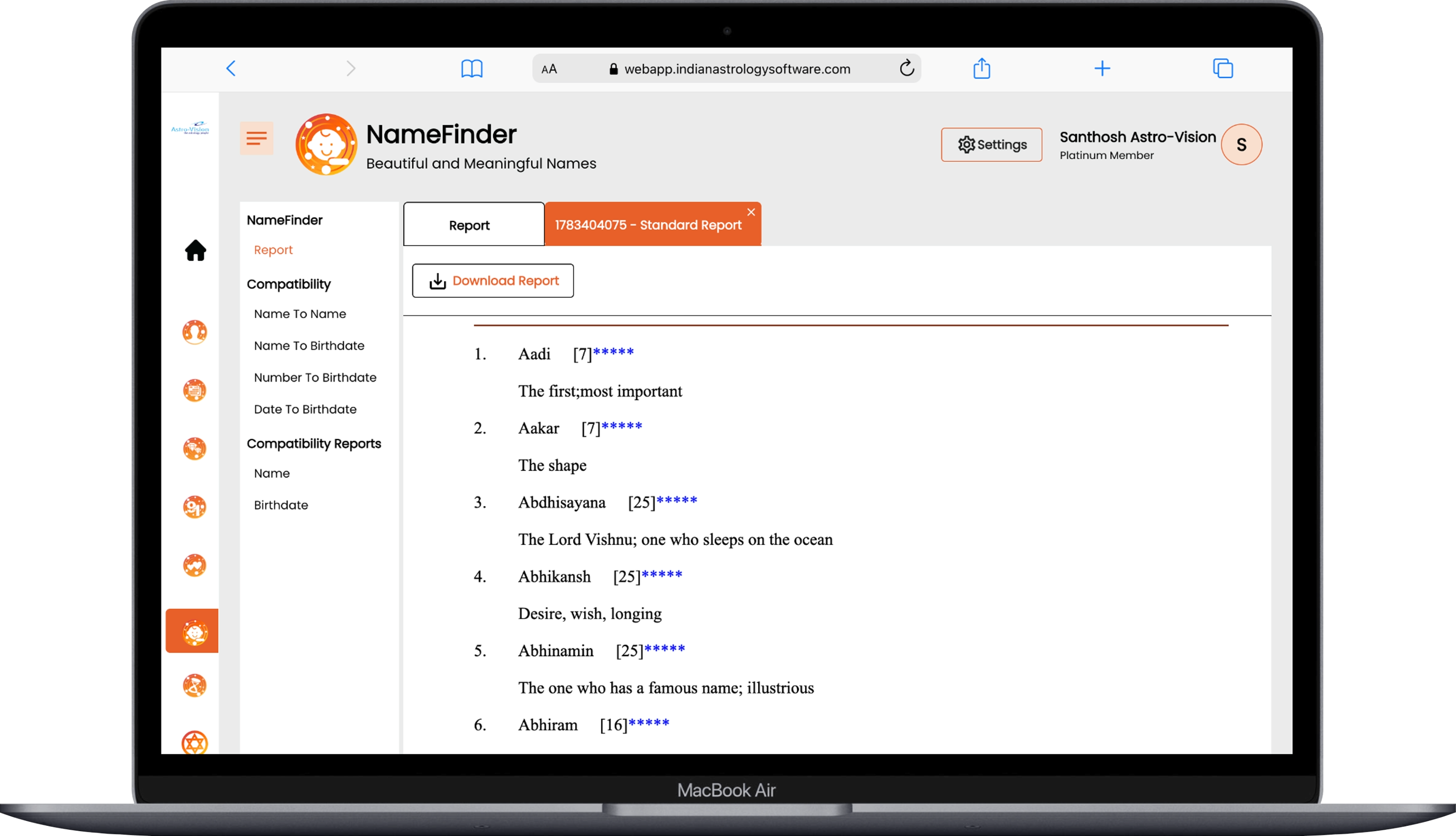 NameFinder Baby Names Database Interface Screenshot